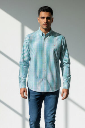 camisa tommy hilfiger gingham “flex poplin” verde